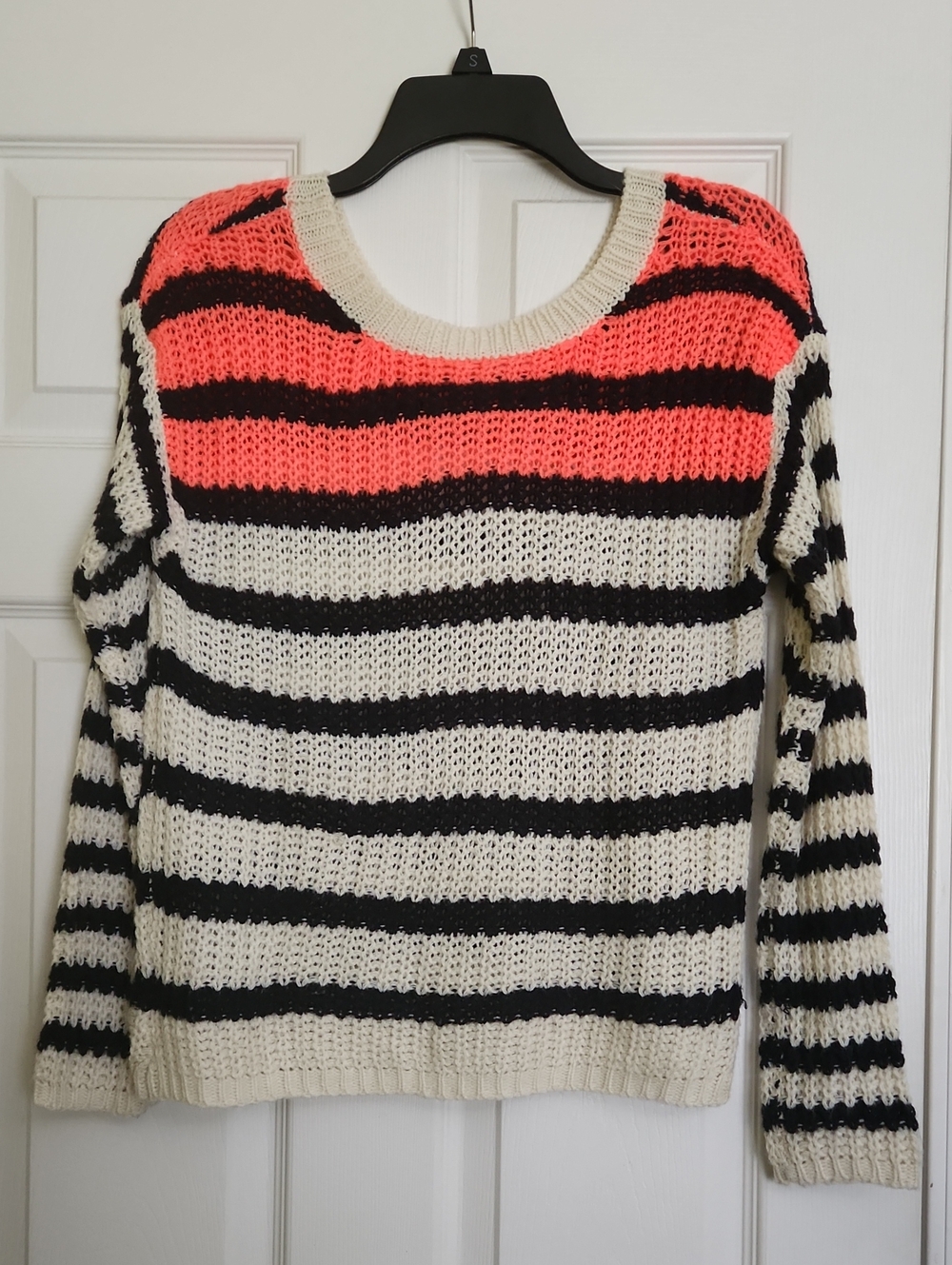Charlotte Russe Coral, Black & Cream Striped Crewneck Sweater